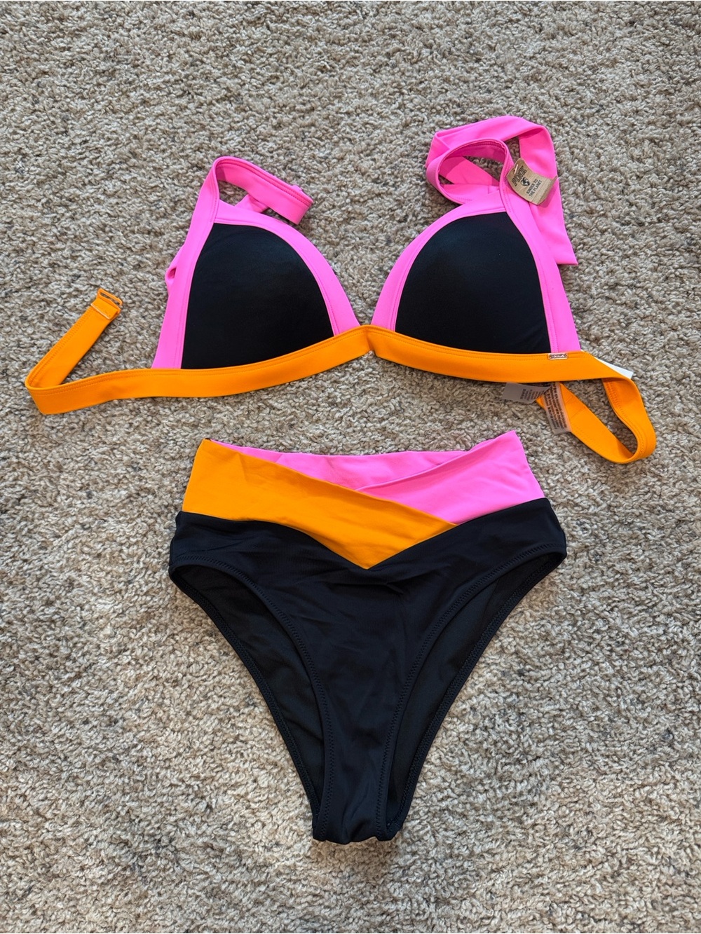 NWT Victoria’s Secret Pink Colorblock Bikini Top-Black with Pink & Orange large